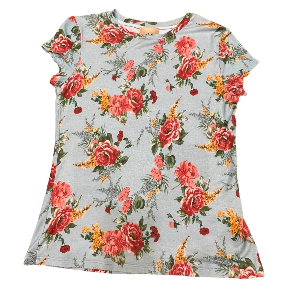 Elie by Elie Tahari Womens Blue Red Floral Stretch Cap Sleeves Shirt, Size Small